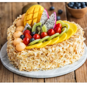 爱的期待-鲜奶水果心形蛋糕，上面一层时令水果