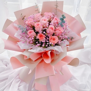 永远的我们-11支戴安娜粉玫瑰，尤加利间插装饰